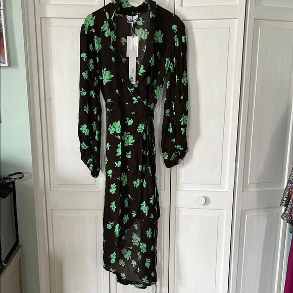 NWT Ganni Brown and Green Bishop Sleeve Wrap Dress - Size M - Picture 1 of 10